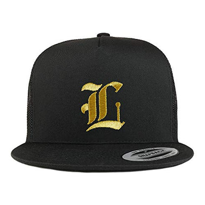 Trendy Apparel Shop Old English Gold L Embroidered 5 Panel Flatbill Trucker Mesh Cap - color: Black