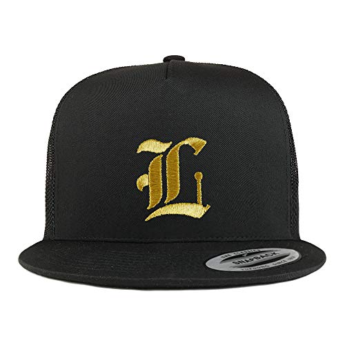 Trendy Apparel Shop Old English Gold L Embroidered 5 Panel Flatbill Trucker Mesh Cap - color: Black