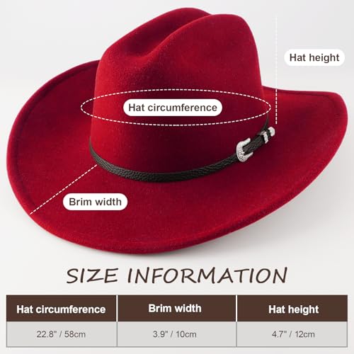 AQOKKA Western Cowboy Hats for Women Classic Felt Wide Brim Fedora Hat with Belt Buckle Retro Panama Hat Unisex Rolled up Cap - color: 1 Pc Fedora Hat : Red