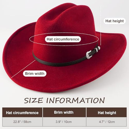 AQOKKA Western Cowboy Hats for Women Classic Felt Wide Brim Fedora Hat with Belt Buckle Retro Panama Hat Unisex Rolled up Cap - color: 1 Pc Fedora Hat : Red