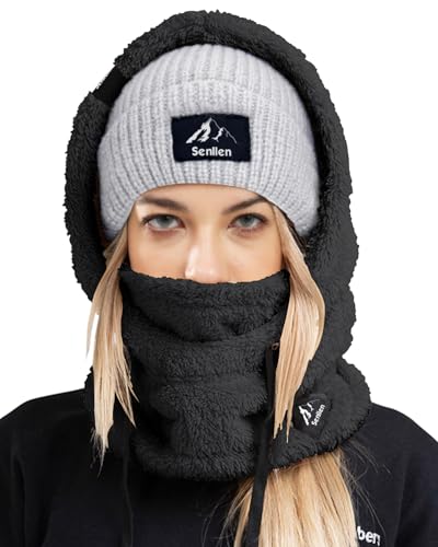 Senllen Balaclava Cold Weather Fleece Ski Mask Winter Thermal Sherpa Hood - color: Black