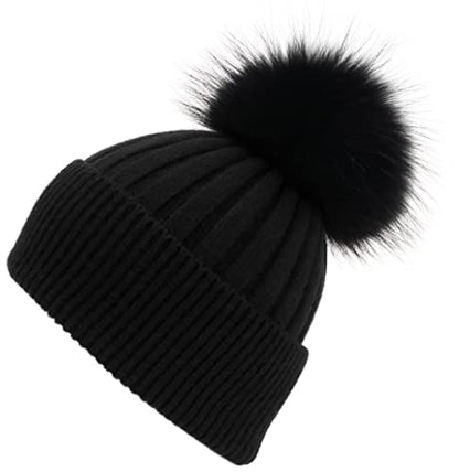 Women's Winter Ribbed Cuffed Beanie Skull Cap with Genuine Raccoon Fur Pom - color: Rc Black 2