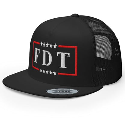 NX FDT Embroidered Flat Bill Trucker Hat High Crown Adjustable FDT Hat - color: Black