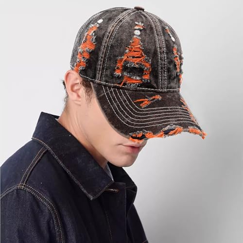Distressed Washed Denim Baseball Cap Vintage Ripped Strapback Sun Hat for Men Women - color: Orange