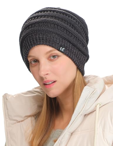 C.C Beanie Oversized Hat with Fuzzy Lining – Thick Knit Thermal Beanie for Cold Weather, Soft Warm Fleece Lined Cap - color: 2 Tone Black / Charcoal