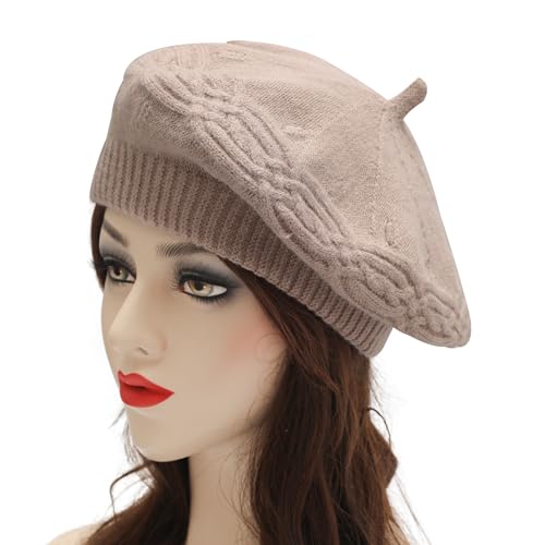 ZLYC Women French Beret Hat Reversible Solid Color Knit Warm Artist Cap - color: Cable Knit Light Coffee