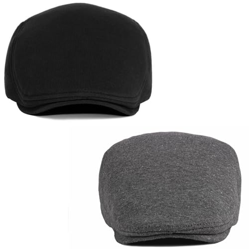 2 Pack Newsboy Cap for Men Women Flat Cap Beret Ivy Cabbie Hat - color: Black + Dark Gray