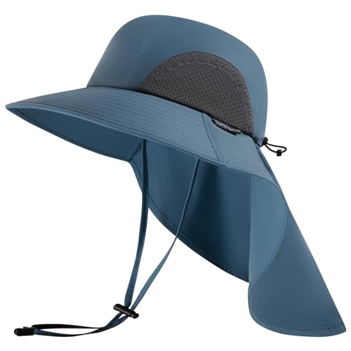 UPF 50+ Foldable Sun Hats Wide Brim with Large Neck Flap for Men Women UV Protection Gardening Fishing Beach Hat - color: Stone Blue
