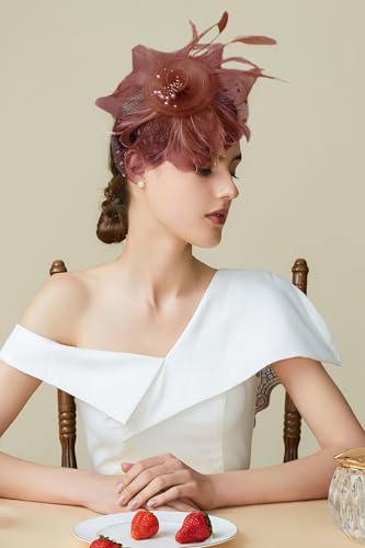 BABEYOND Fascinators Hats for Women Tea Party Flower Tulle Bead Derby Hat - color: Coffee
