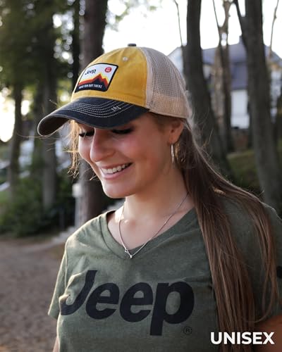 Jeep Have Fun Out There Patch Garment Washed Trucker Hat Unstructured for Men & Women - Adjustable Snapback Baseball Cap - color: Yellow