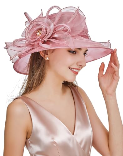 Women Derby Fascinator Hat Organza Church Wedding Hats Wide Brim Cocktail Tea Party Hat - color: 08 Pink