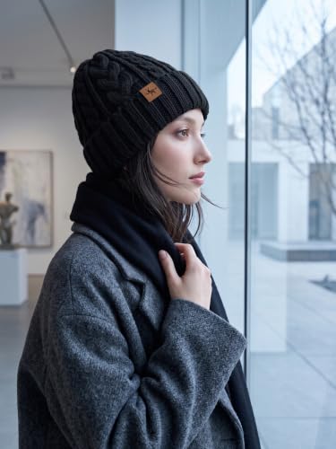 Winter Hats for Women Cable Knit Chunky Skull Cap Fleece Lined Thick Fold Cuff Beanie hat - color: Black, style: Wheat Spike