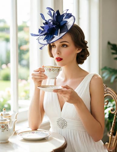 ORIDOOR Women Fascinators Derby Church Tea Party Wedding Flower Feathers Headpiece with Headband Clips - color: 02-navy Blue White
