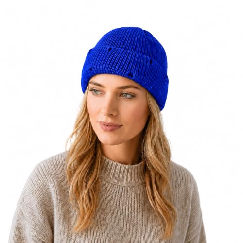 Unisex Warm Knit Skull Cap Hip-hop Slouchy Ripped Knitted Hat - color: Blue
