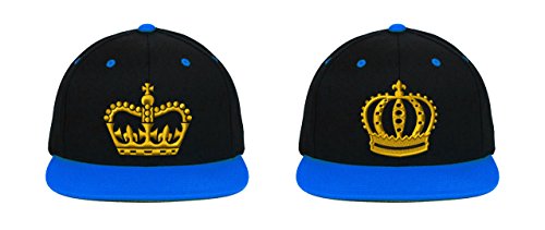 King & Queen Crowns, Perfect Couple, Fine Finished Embroidery (2 Snapback Hats) - color: Black-blue Brim