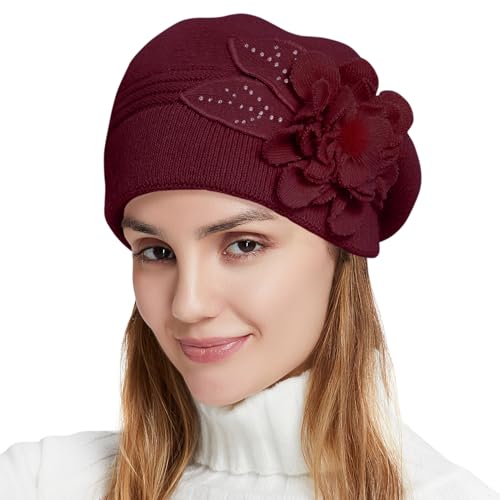 Flower Women Beret, Double Layer Thickened Winter Knitted Beanie Beret Hat, Stylish French Dress Beret Hats for Women - color: Wine Red