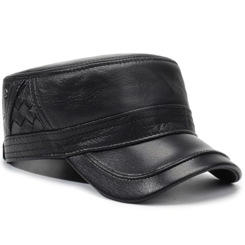 Men's Leather Military Style Hat Cadet Army Caps Flat Top Cap - color: Black