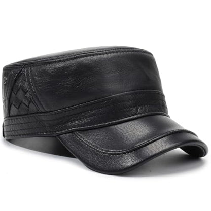 Men's Leather Military Style Hat Cadet Army Caps Flat Top Cap - color: Black
