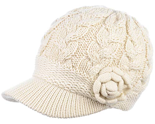 BYOS Womens Winter Chic Cable Warm Fleece Lined Crochet Knit Hat W/Visor Newsboy Cabbie Cap - color: Cable W/ Flower Ivory