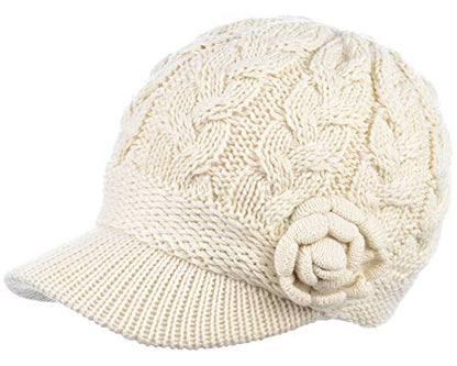 BYOS Womens Winter Chic Cable Warm Fleece Lined Crochet Knit Hat W/Visor Newsboy Cabbie Cap - color: Cable W/ Flower Ivory