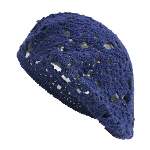 ZLYC Women Cotton Slouchy Crochet Beret Handmade Cutout Floral Beanie Hat - color: Floral Blue