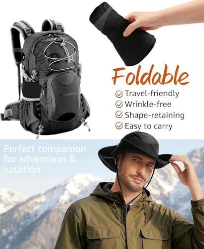 Wide Brim Sun Hat for Men Women, UPF 50+ Waterproof Packable Bucket Boonie Safari Fishing Hat - color: Black