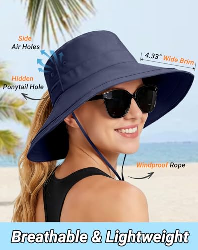 Rosoz Women Sun Hat with Ponytail Hole Wide Brim Bucket Hats UPF 50+ Beach Hiking Gardening Hat Water-Resistant Outdoot Hat - color: Navy Blue