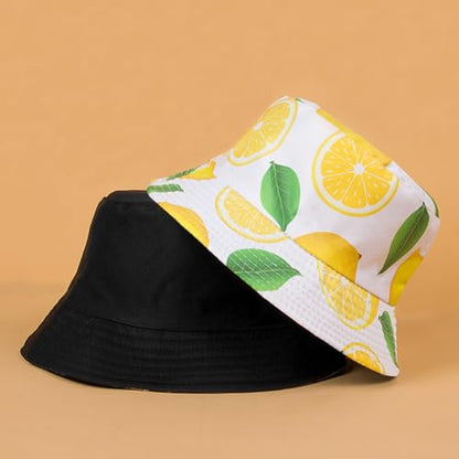 Unisex Bucket Hat Beach Sun Hat Aesthetic Fishing Hat for Men Women Teens, Reversible Double-Side-Wear - color: Lemon White