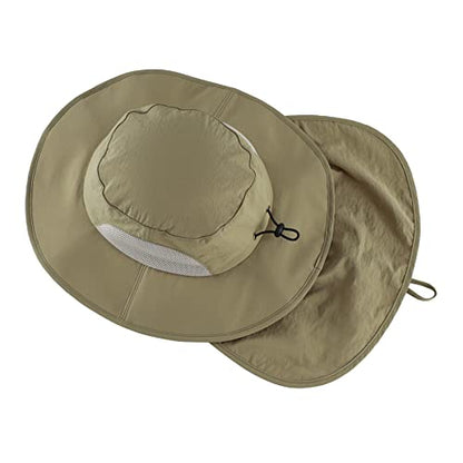 Home Prefer Outdoor UPF50+ Mens Sun Hat with Neck Flap Womens UV Protection Hat Wide Brim Safari Fishing Hiking Gardening Hat - color: Light Khaki Green