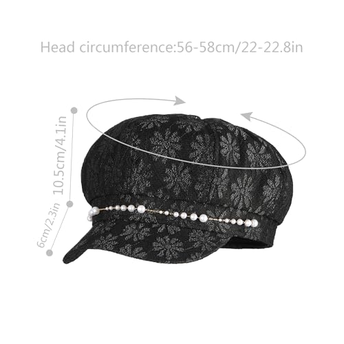 Women Pearl Chain Lace Cotton Blend Newsboy Cap Visor Paperboy Painter Hat - color: Black
