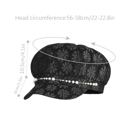 Women Pearl Chain Lace Cotton Blend Newsboy Cap Visor Paperboy Painter Hat - color: Black