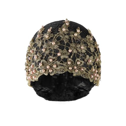 haozaikeji Women Flower Turban Hat Rhinestones Muslim Islamic Head Wrap African Pearl Turban Soft Stretchy Head Cover - color: Black