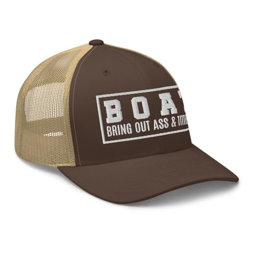 NG Boat Bring Out Ass and Titties Curved Bill Trucker Hat Mid Crown Adjustable Funny Adult Humor Cap - color: Brown/ Khaki