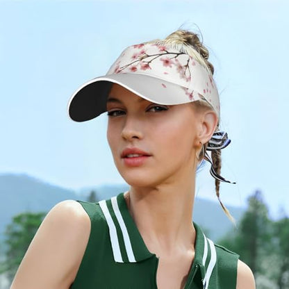 Unisex Sports Sun Visor Hats Adjustable Lightweight Packable Printed Empty Top Cap for Running Pickleball Golf Tennis - color: Pink Cherry Blossoms