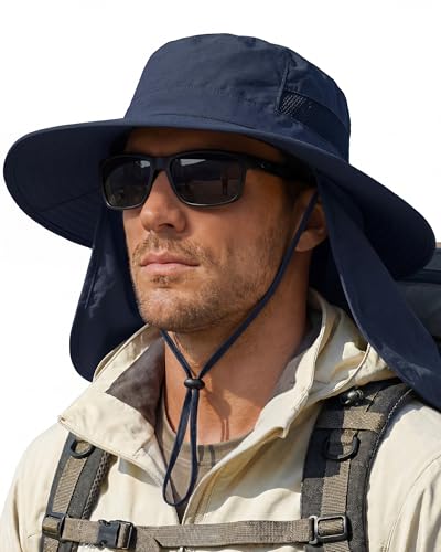 Sun Hats for Men Wide Brim Bucket Hat with Neck Flap for Fishing & Hiking Mens Sun Hat for UV Protection - color: Navy Blue