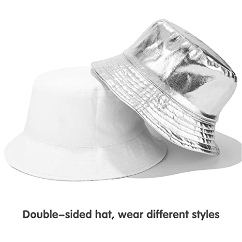 Unisex Bucket Hat Beach Sun Hat Aesthetic Fishing Hat for Men Women Teens, Reversible Double-Side-Wear - color: Silver White