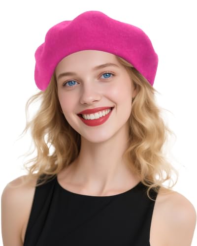 French Beret Hats for Women - Wool Solid Color Beanie Cap - color: Rose Red