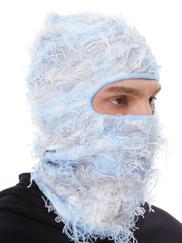 ROXUN Distressed Ski Mask Balaclava, Yeat Shiesty Fluffy Knitted Full Face - color: 01- Light Blue Mixed