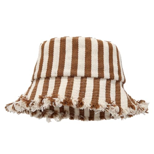 Quanhaigou Frayed Unisex Sun Hats, Fashion Beach Bucket Hat for Men Women,Summer Outdoor Boy's Girls Boonie Cap - color: Stripe Beige Brown