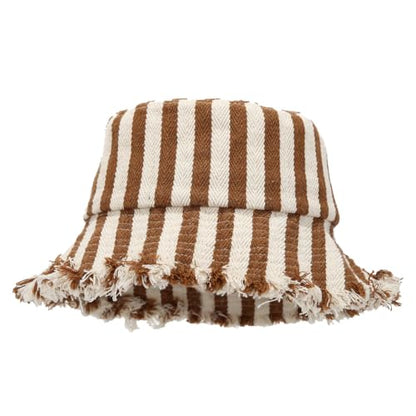 Quanhaigou Frayed Unisex Sun Hats, Fashion Beach Bucket Hat for Men Women,Summer Outdoor Boy's Girls Boonie Cap - color: Stripe Beige Brown