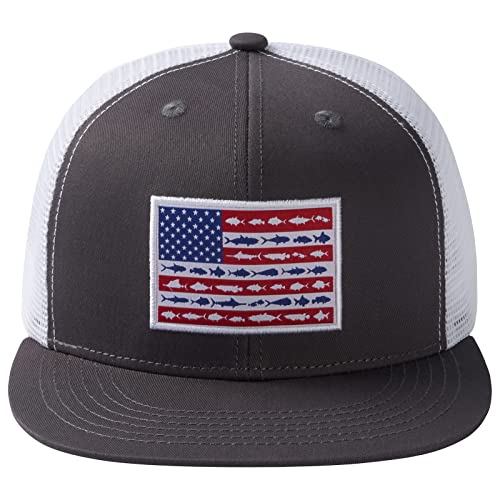 BASSDASH Flat Brim Trucker Cap Adjustable Snapback Hat Mesh Back for Men Women - color: Charcoal Grey/Fish Flag