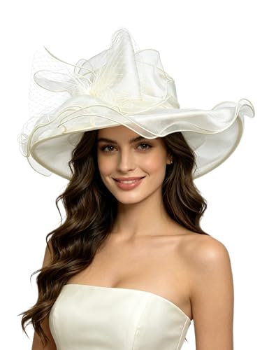 Haojing Women's Organza Church British Fascinator Bridal Tea Party Wedding Hat Summer Ruffles Cap - color: Hj23-beige
