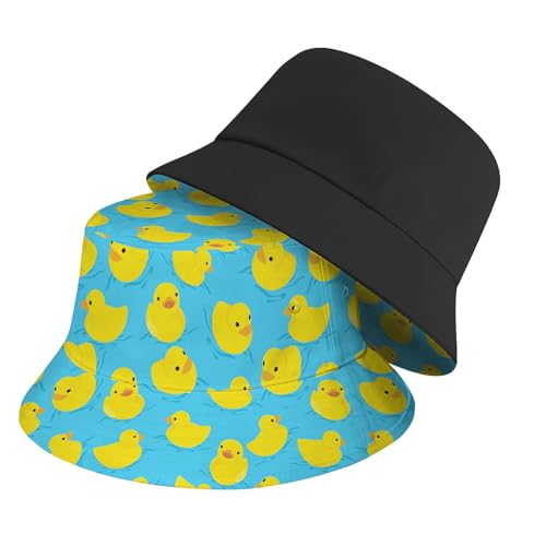 Amasnay Neon Bucket Hat Cotton Double-Side-Wear Reversible Sun Hat for Women Men, Summer Vacation Travel Beach Fisherman Hat - color: Blue Yellow Duck