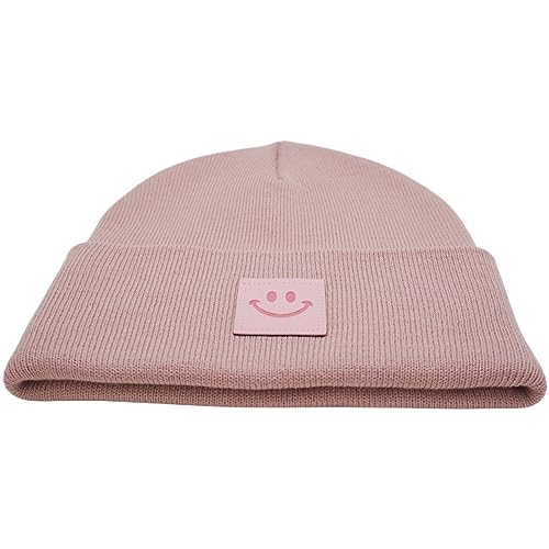 55cube Unisex Knit Cuffed Beanie Hats Warm Winter Caps with Leather Logos - color: Baby Pink