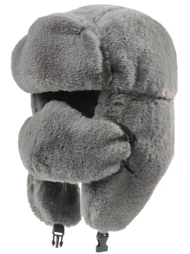 Ushanka Winter Trapper Hat Men Women Faux Rabbit Fur Russian Aviator Hat with Ear Flaps Face Mask Warm Cold Weather - color: Dark-gray
