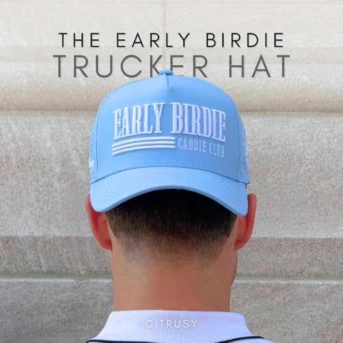 CITRUSY Athletic Trucker Golf Hat | Performance Mens 5 Panel Cap | Cool Breathable Waterproof Workout Running Snapback - color: Early Birdie | Light Blue