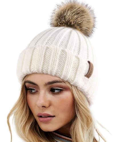 FURTALK Womens Winter Knitted Beanie Hat with Faux Fur Pom Warm Knit Skull Cap Beanie for Women - color: White
