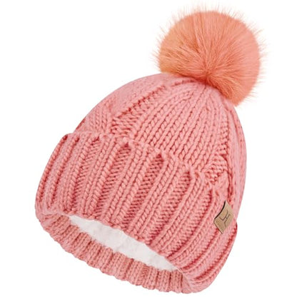 FZ FANTASTIC ZONE Womens Pom Pom Winter Warm Beanie Hat Cap Fleece Lined - color: Pink