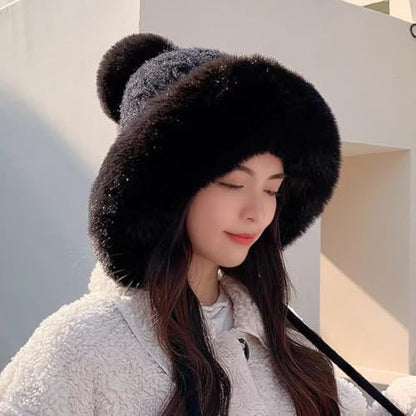 Winter Pompom Beanie Hats for Women Fluffy Knit Skull Cap Womens Faux Fur Crochet Warm Bucket Outdoor Ear Cover - color: Black