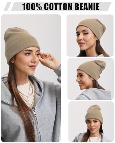 vidsel 100% Cotton Beanie Hat-Unisex Winter Knit Cuffed Beanies Skull Cap - color: 1-khaki
